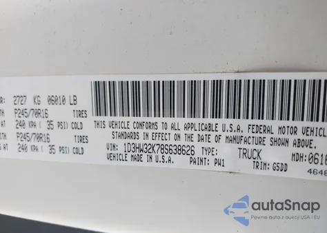 2008 Dodge Dakota Sxt/Bighorn/Lonestar из США, поврежденный, VIN 1D3HW32K78S638626